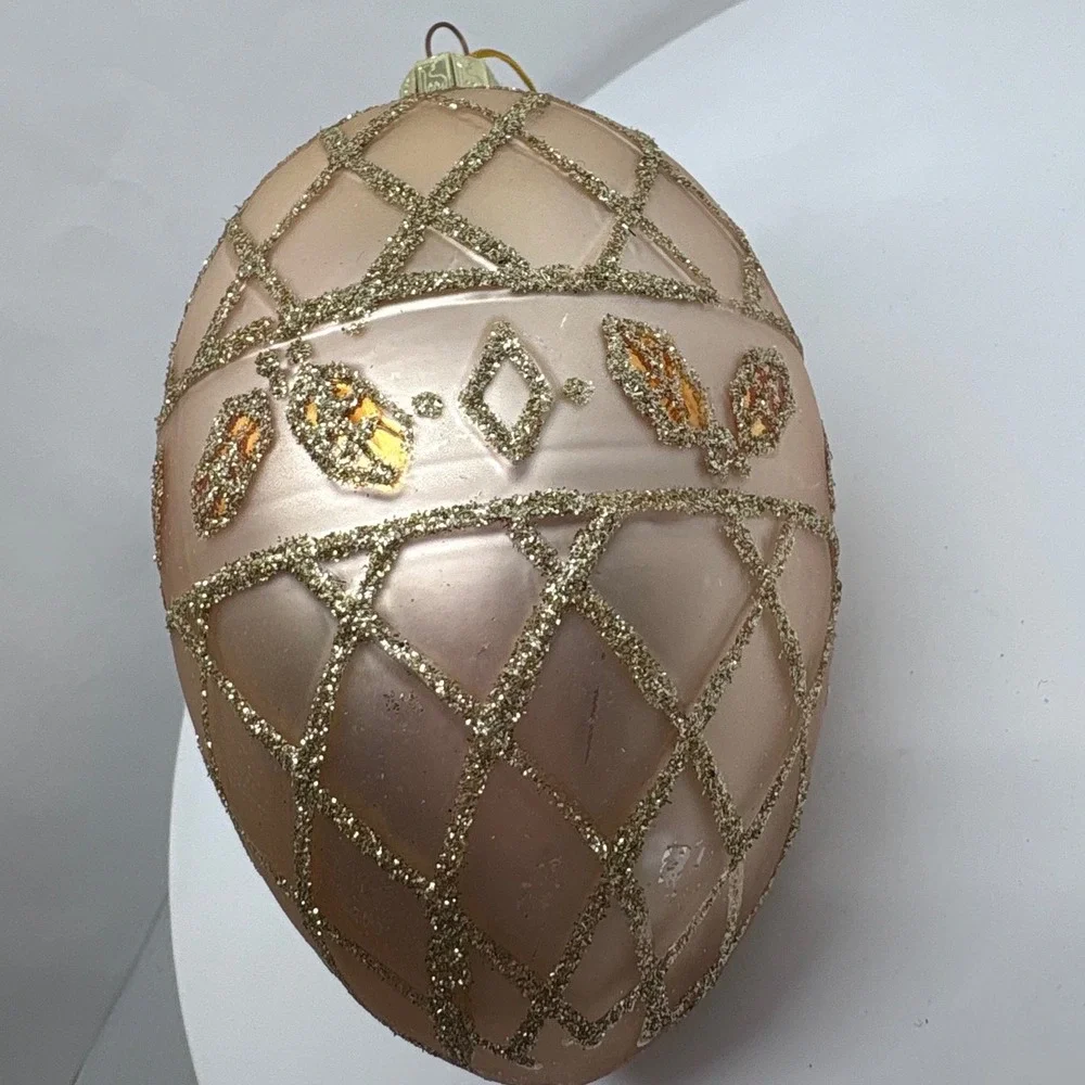Champagne Pink‎ Blown Glass Egg Christmas Ornament Gold Glitter Trellis 4